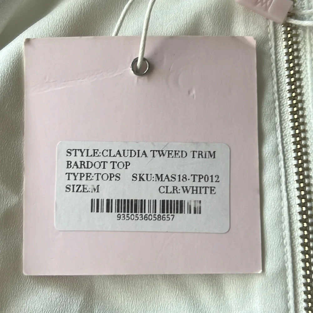 AMBER X MESHKI Claudia Tweed Trim Bardot Off Shoulder Top White NWT Size Medium
